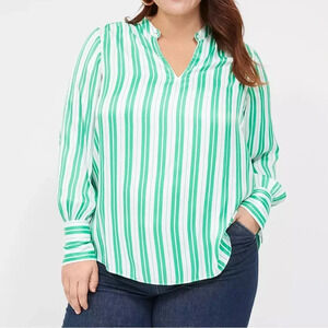 Lane Bryant Size 18/20 Relaxed Satin Collar Blouse. Green and White Stripes.